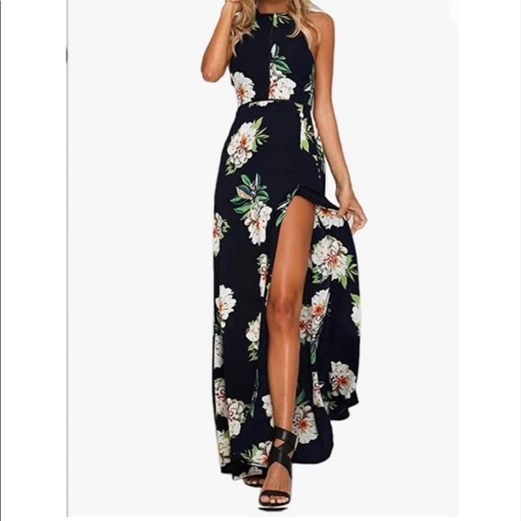 Halter Neck Floral Print Open Back Maxi Dress with Crochet Details & Front Slit - Picture 3 of 11